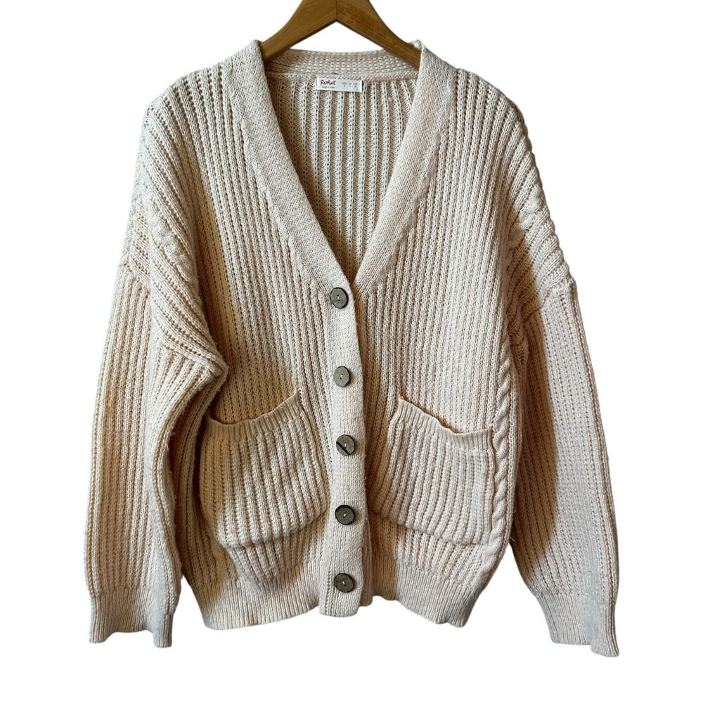 Romwe Women’s Balloon Sleeve Chunky Knit Button Cardigan Peach Small 4 Cottage